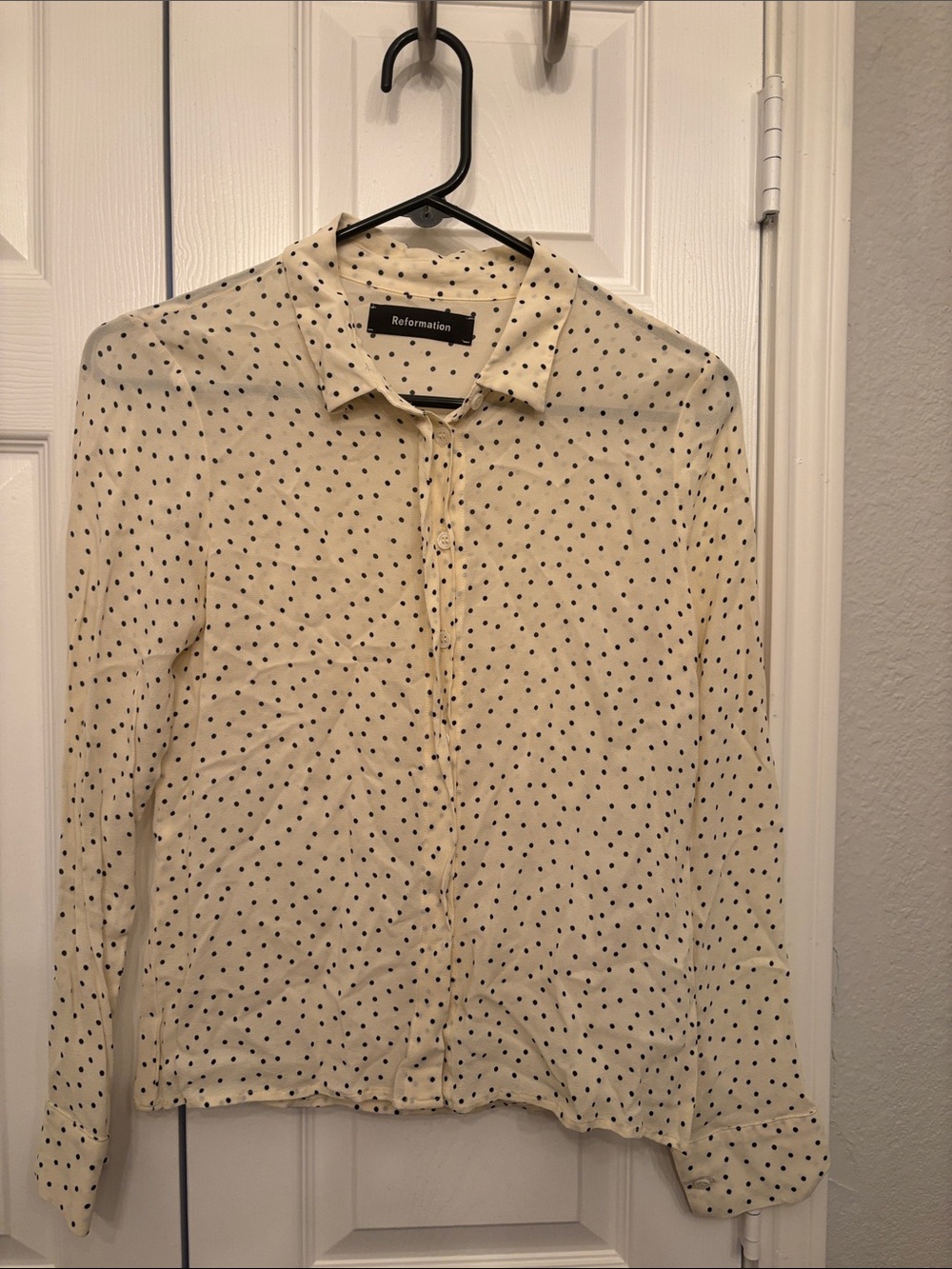 Reformation Cream Button-Up Shirt with Navy Polka Dots